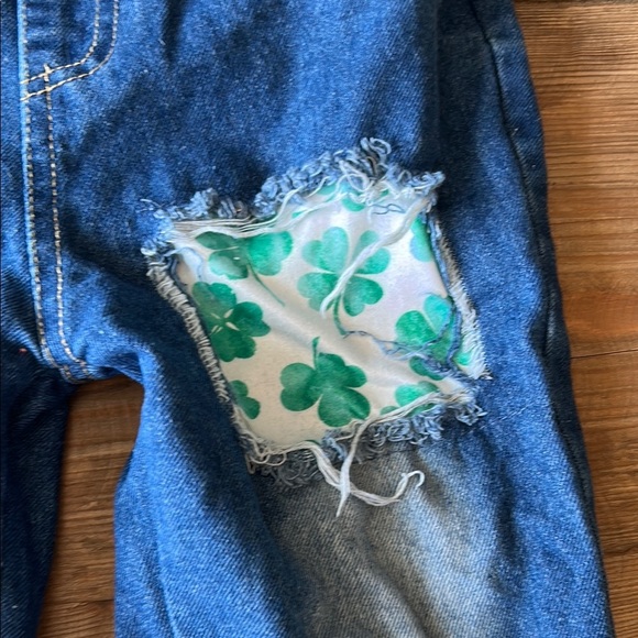 Green and Blue Patchwork Denim Overalls with Distressed Details - Picture 4 of 5